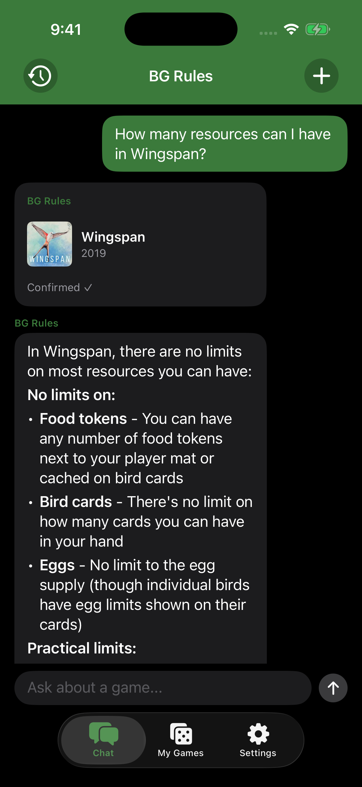 BG Rules app showing a Wingspan rules answer